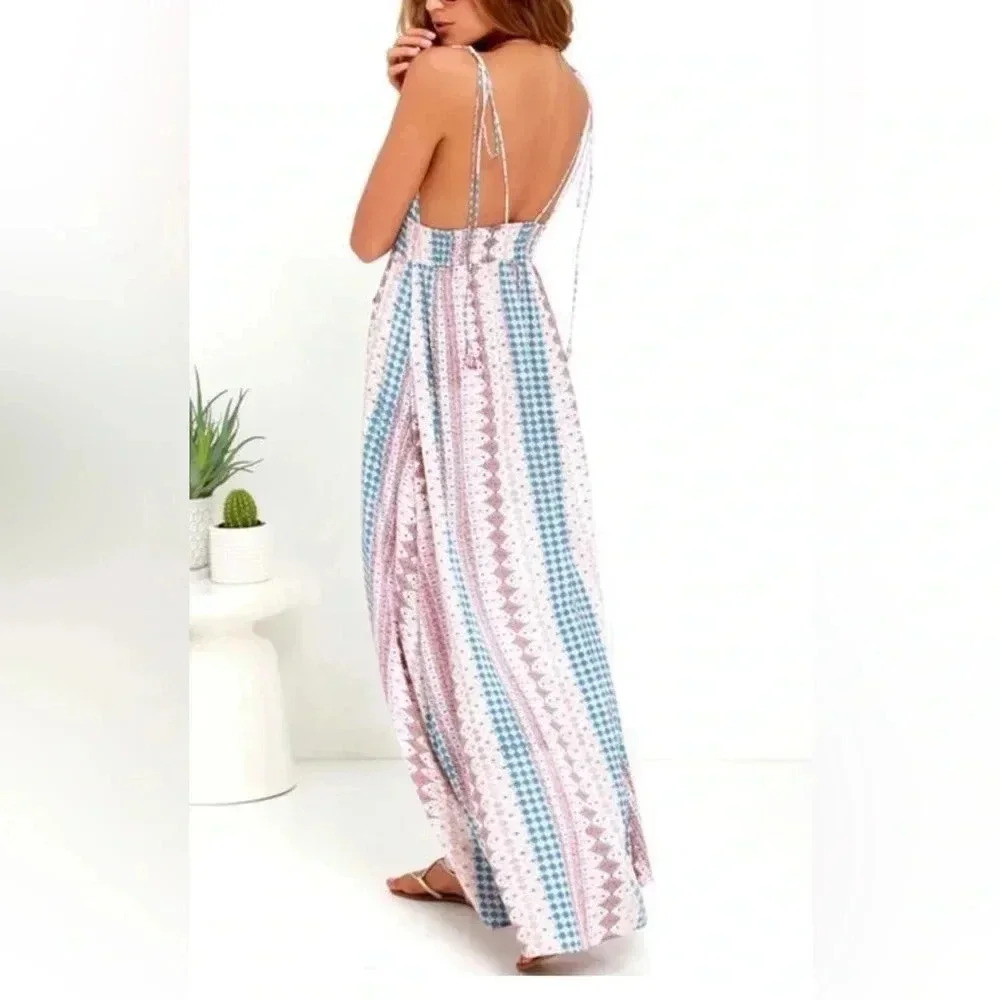 Lulu Print Backless V Neck Slip Maxi Dress - Picture 3 of 16